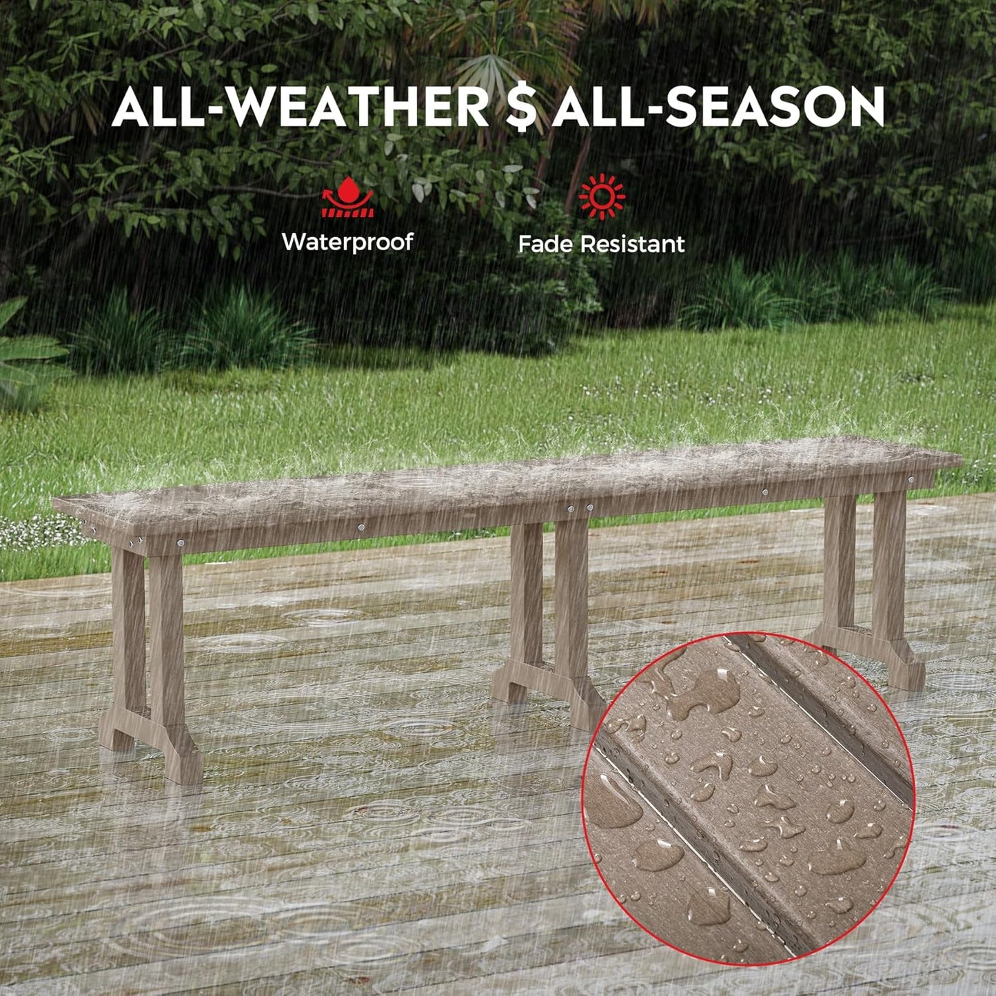 Outdoor Benches Weatherproof, Park Long Bench Poly Lumber Backless for Entryway Front Porch Garden Bench Seat for Patio, Weathered Wood