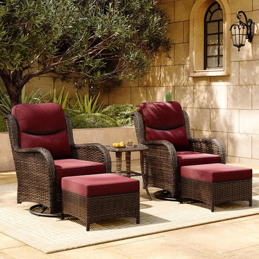 HILLGA Luxury Patio Furniture Set with 6-inch Thick Cushion, Outdoor High Back Swivel Rocker Patio Chairs, 5PCS Wicker Conversation Set for Deck Yard and Poolside, Burgundy (V2)