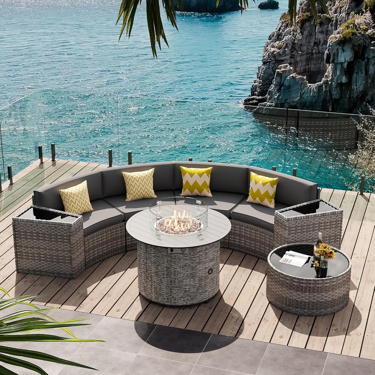 Patio Sectional Furniture Outdoor 8-Piece Grey Rattan Curved Sofa Set with Fire Pit Table,Storage Table,Pillows,Fit for Pool Backyard Balcony Porch Lawn (Grey)