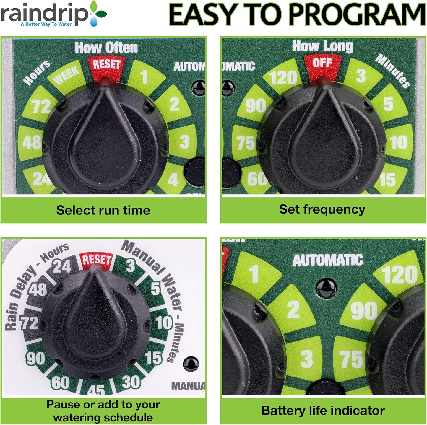 Raindrip R675CT Analog 3-Dial Water, Sprinkler Timer with Rain Delay for Drip Irrigation, Garden, Self-Watering