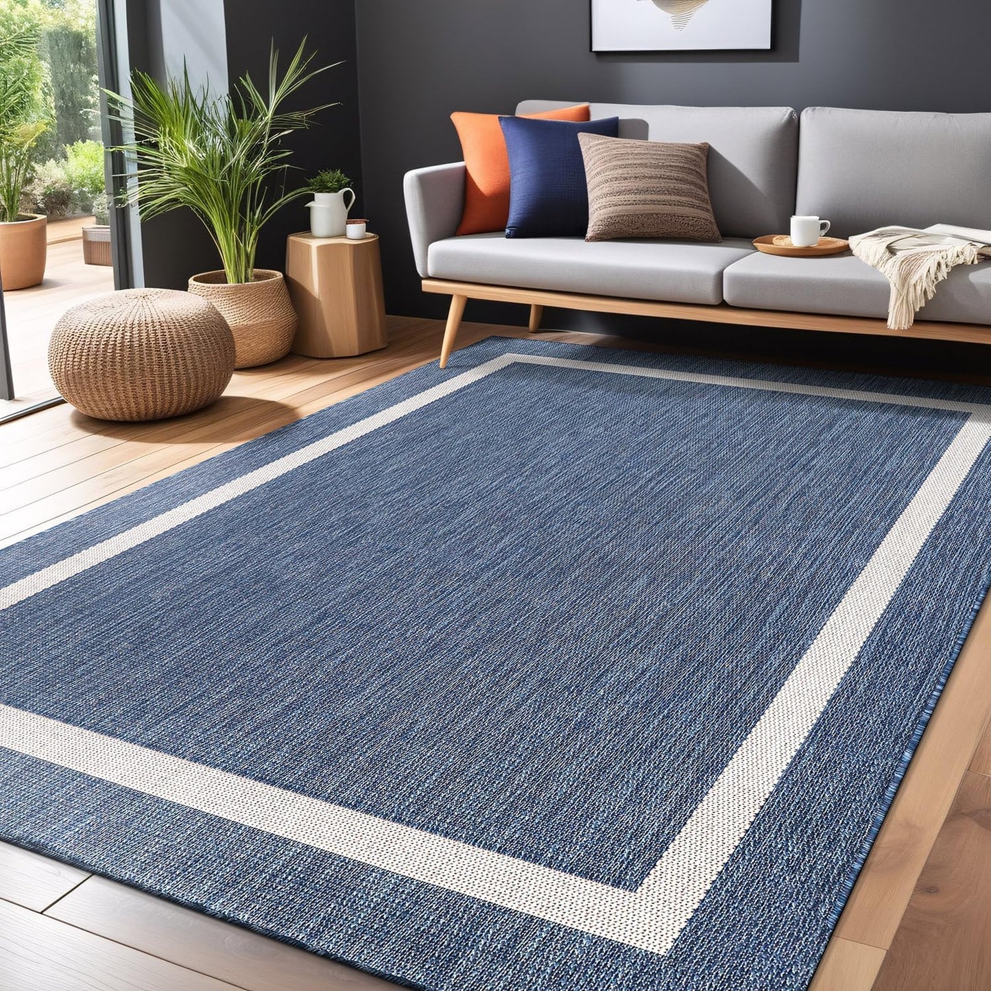 Bordered Outdoor Rug 8x10 Washable Outside Carpet for Indoor Patio Porch Waterproof Easy Cleaning Non Shedding Area Rugs Blue 8 x 10