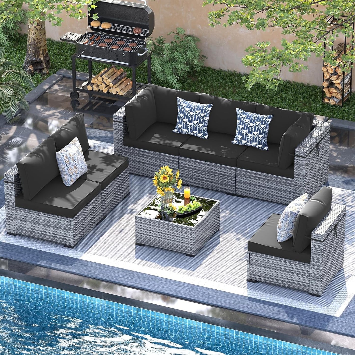 UDPATIO Patio Furniture Set, 7 Piece Outdoor Sectional Sofa,Modular Wicker Outdoor Furniture Conversation Sets with Waterproof Cover for Backyard Deck(Grey/Black)