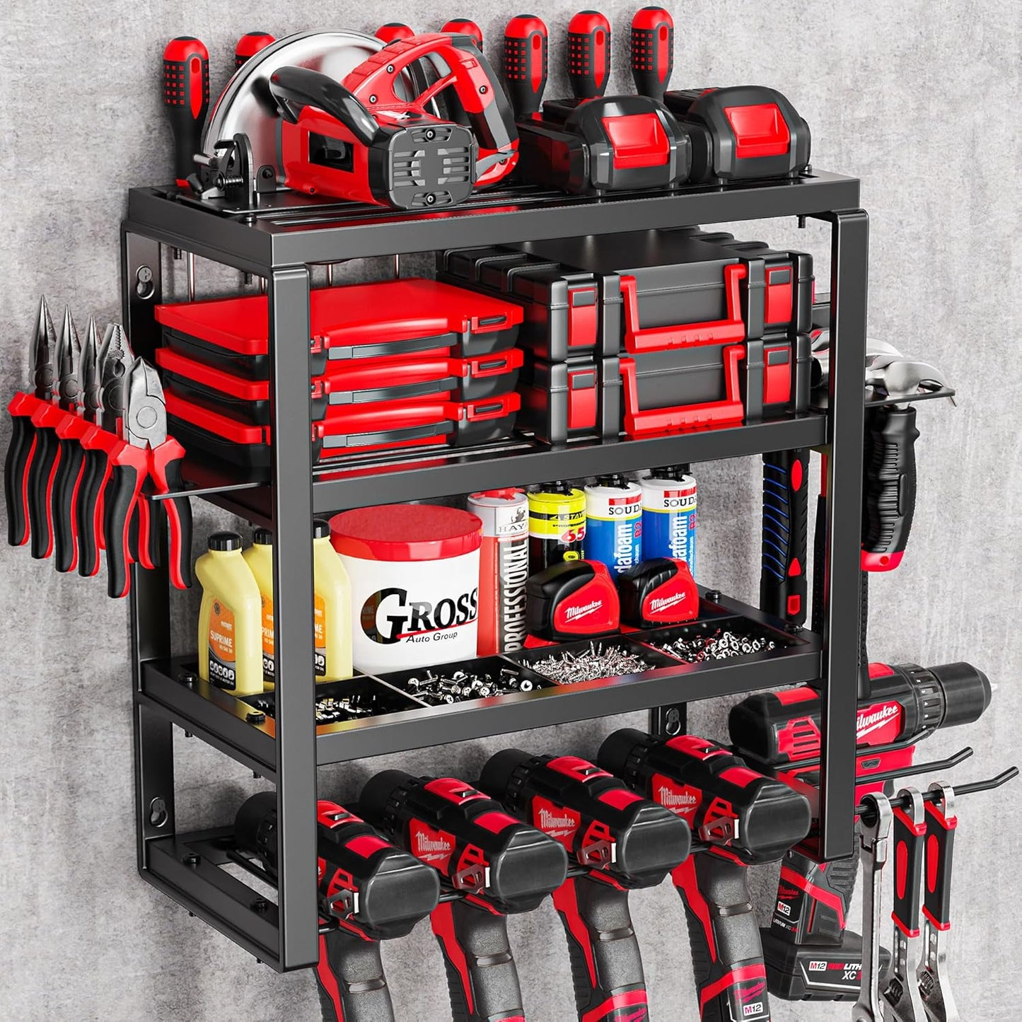 MAXIFFE 4 Layer Power Tool Organizer Wall Mount, Heavy Duty Metal Cordless Tool Organizers and Storage Rack Holder with 6 Drill Holders for Garage Storage Organization, Gifts for Men, Black, 16 inch