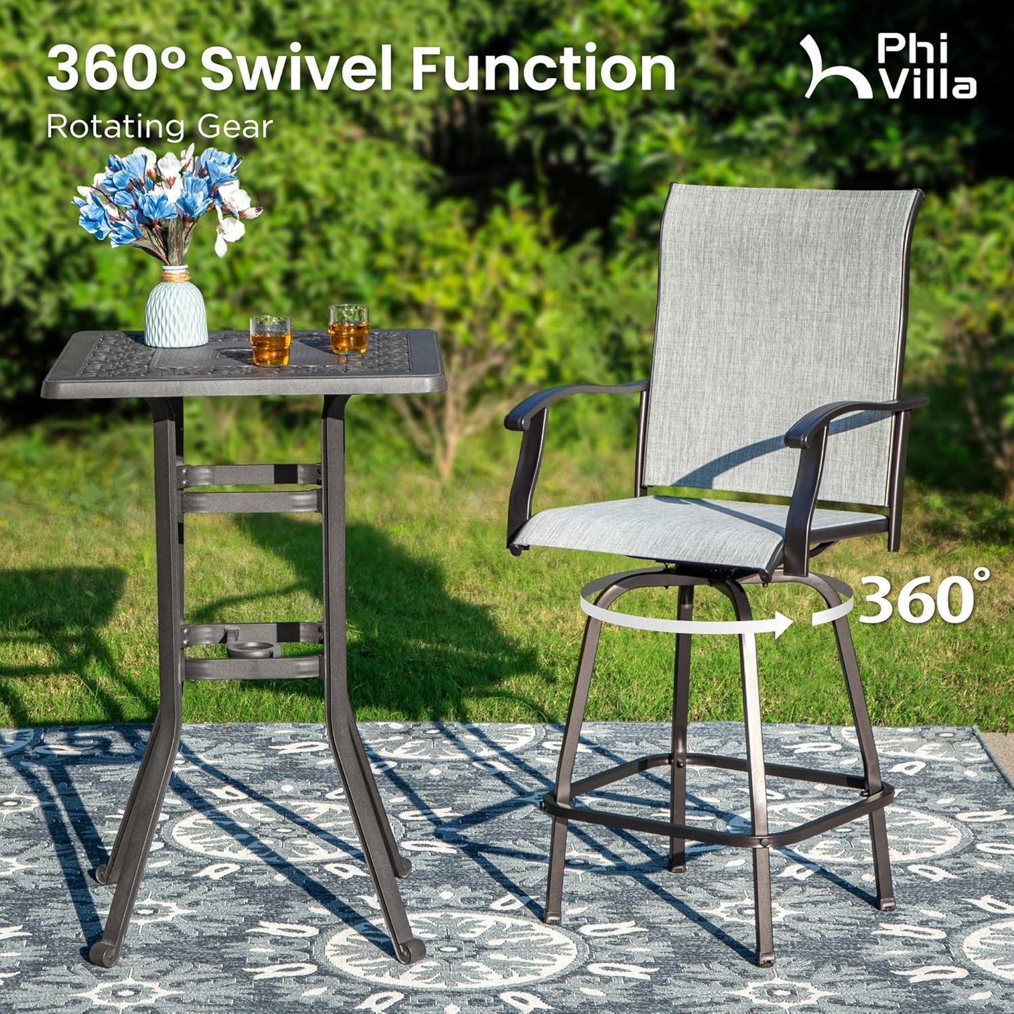 PHI VILLA Outdoor Swivel Patio Bar Stools Set of 6, 30 Inch Bar Height Tall Patio Chairs with Back & Armrest, Durable Textilene Fabric in Grey for Deck Lawn Garden