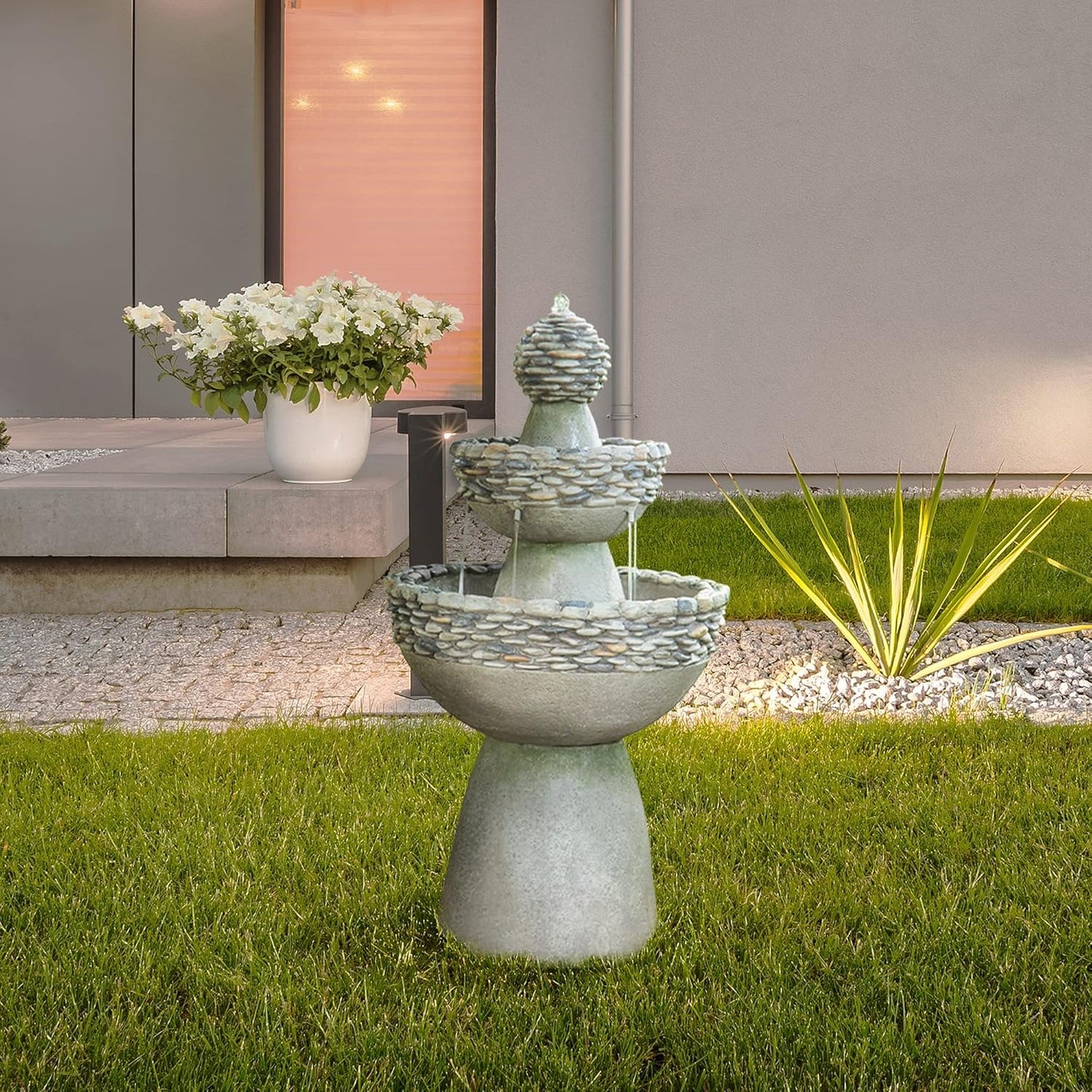 Teamson Home 36.5 in. Outdoor 3-Tier Zen-Style Pedestal Water Fountain in. with Stone Trim with Pump and 2.64 Gallon Capacity, Stone Gray