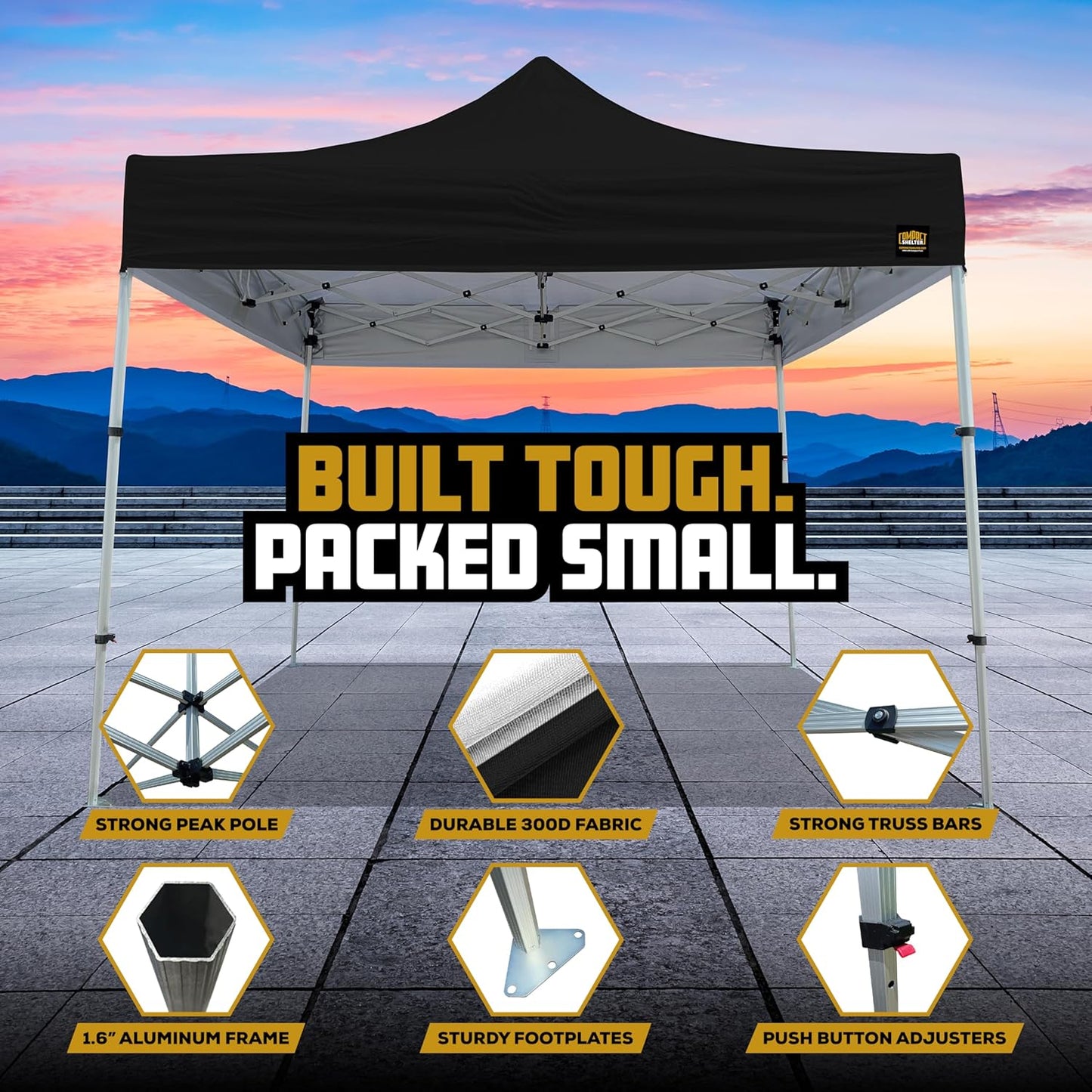 8x8 Heavy Duty Pop Up Canopy by Compact Shelter - EZ Setup, Commercial Grade Aluminum Frame, 42” Folded Frame Height, UPF 50+, Adjustable Portable Tent for Beach, Events, Camping, Roller Bag (White)