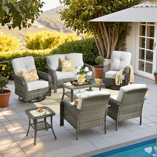 HOOOWOOO Patio Furniture Set,7 Pieces Outdoor Conversation Set,All Weather Wicker Loveseat Sofa Set with High Back Swivel Rocking Chairs Tables,Light Gray