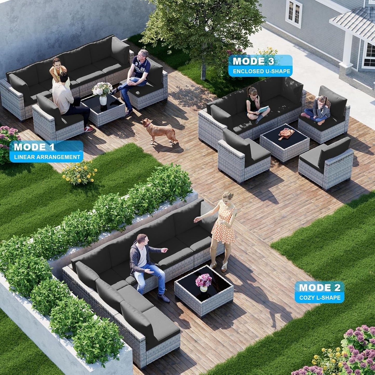 7-Piece Patio Furniture Set, Outdoor Sectional with Thick Cushions, Modular Patio Sofa, Dual-Strand Wicker Rattan, Rust-Resistant Frame, Backyard Furniture for Garden, Deck, Dark Black