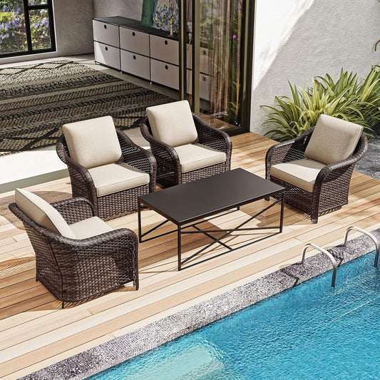 5 Pieces Outdoor Patio Conversation Furniture Set with Removable Covers, All-Weather PE Rattan, 4 Steel Frame Wicker Chairs with Cushions, 47" Metal Coffee Table for Yard (Beige)