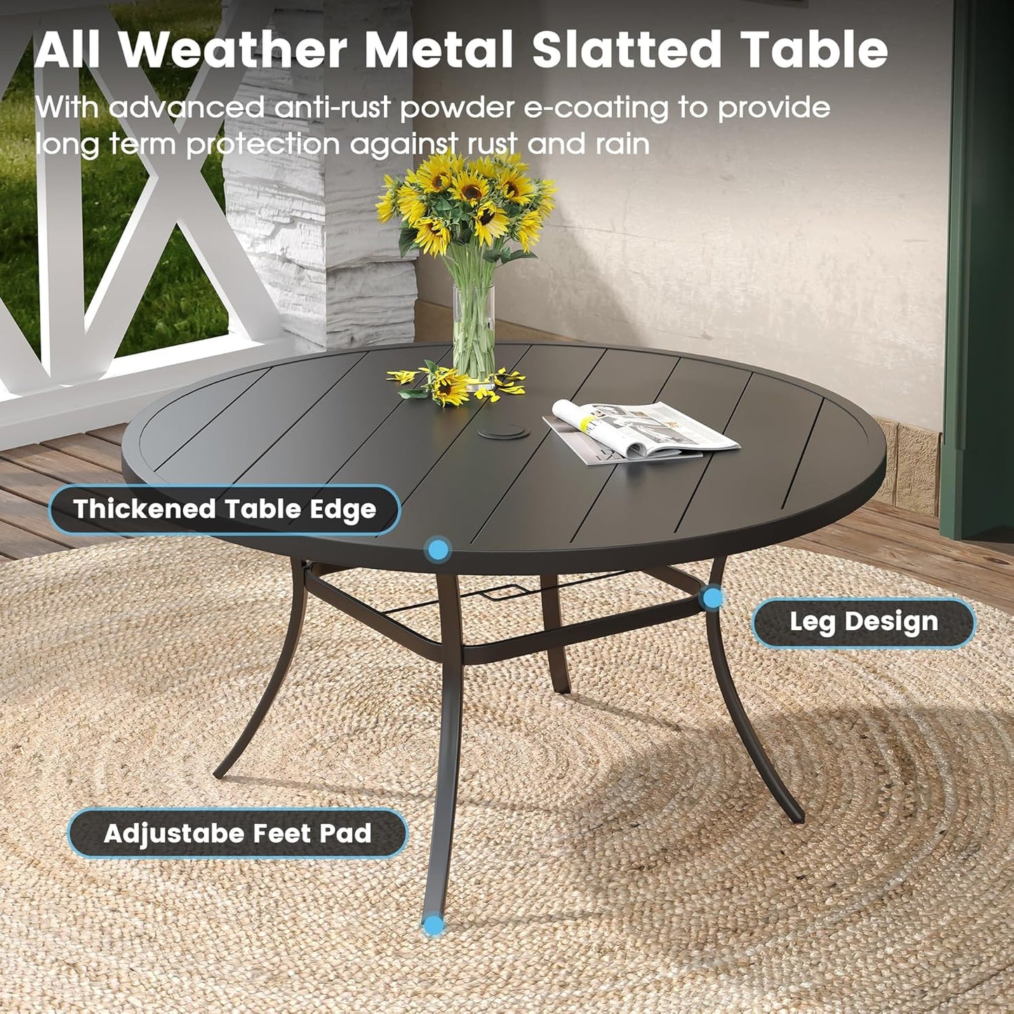 DIFY Patio Round Dining Table, 53" All Weather Round Outdoor Table with 1.57" Umbrella Hole for 8 Person, Perfect for Yard, Balcony and Lawn, Black Tabletop