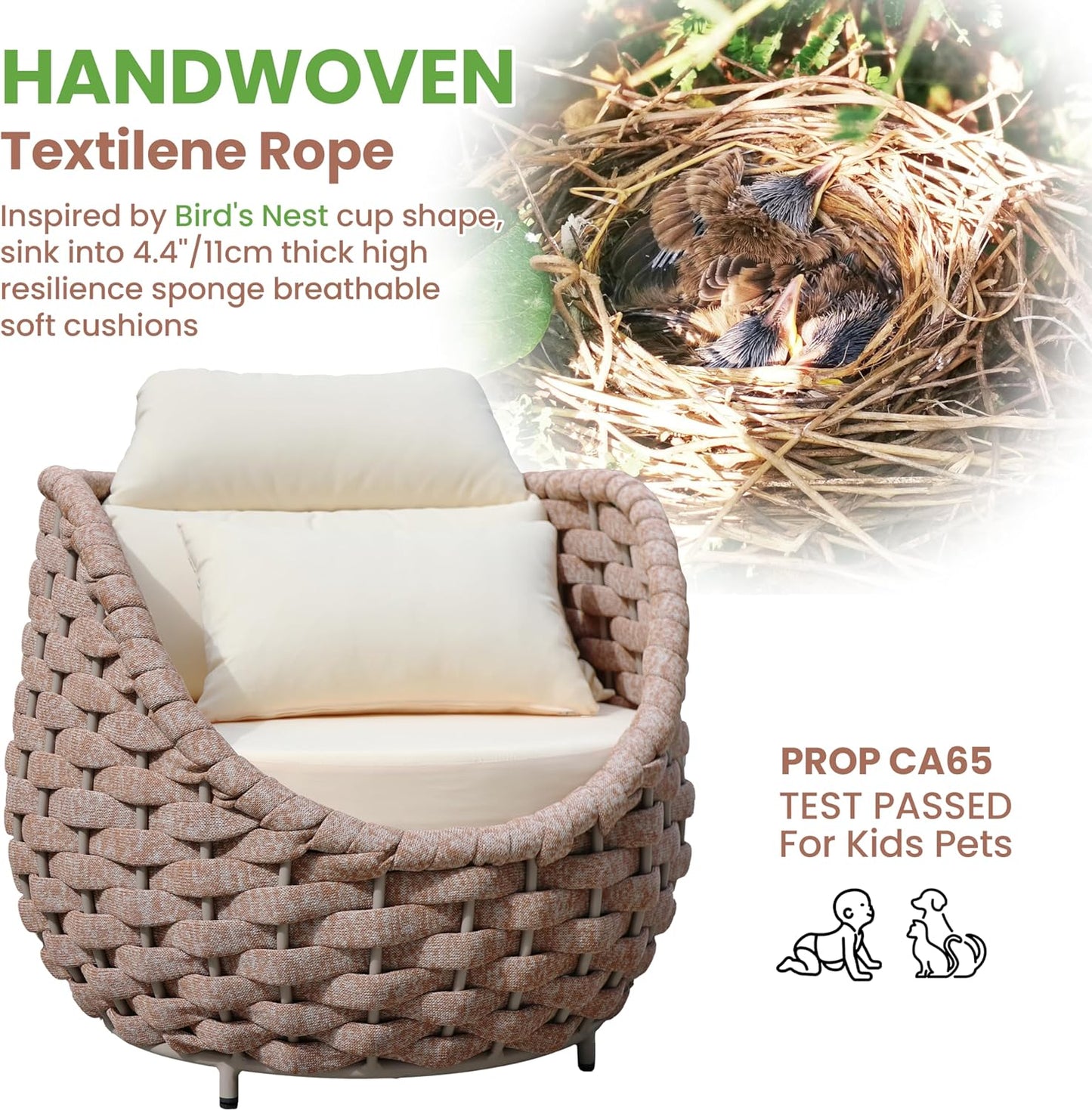 3 Pieces Porch Furniture Set: Aluminum Patio Conversation Sofa Set - Assembled Couch Armchair Table Set Cushioned - Hand Woven Rope Chair Set 400 LBS All Weather for Indoor Deck Balcony Hotel