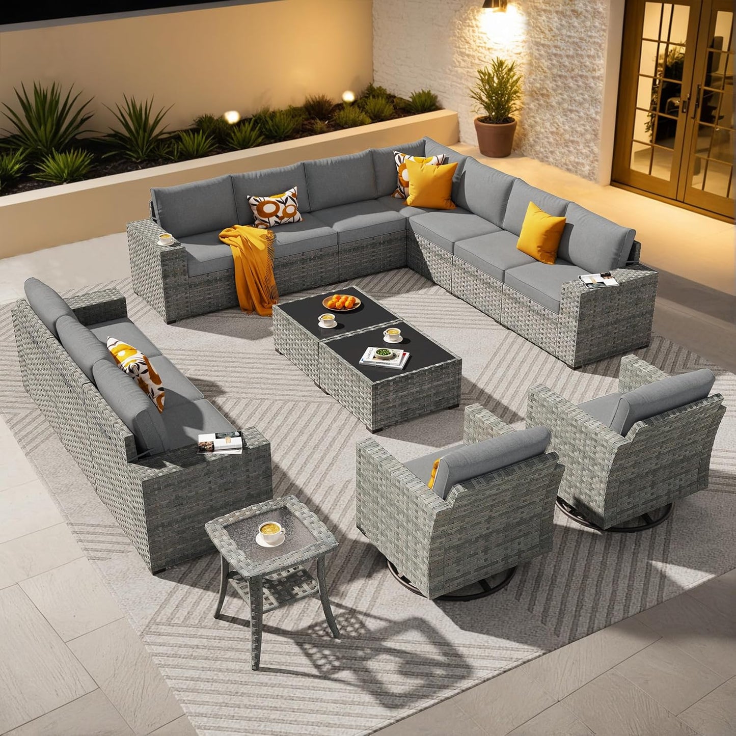 ovios 15 Pieces Patio Furniture Set, Outdoor Wicker Sectional Sofa with Swivel Chairs Coffee Table, Modern Modular Deep Seat Rattan Couch Conversation Sets, Dark Grey