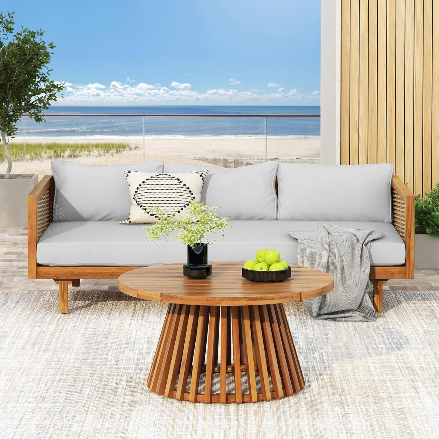 Christopher Knight Home Claremont Patio Sofa and Coffee Table Set, 2 Piece Wicker Patio Furniture Set, Acacia Wood 3 Seater Outdoor Sofa Daybed and Coffee Table Set, Teak+Light Grey