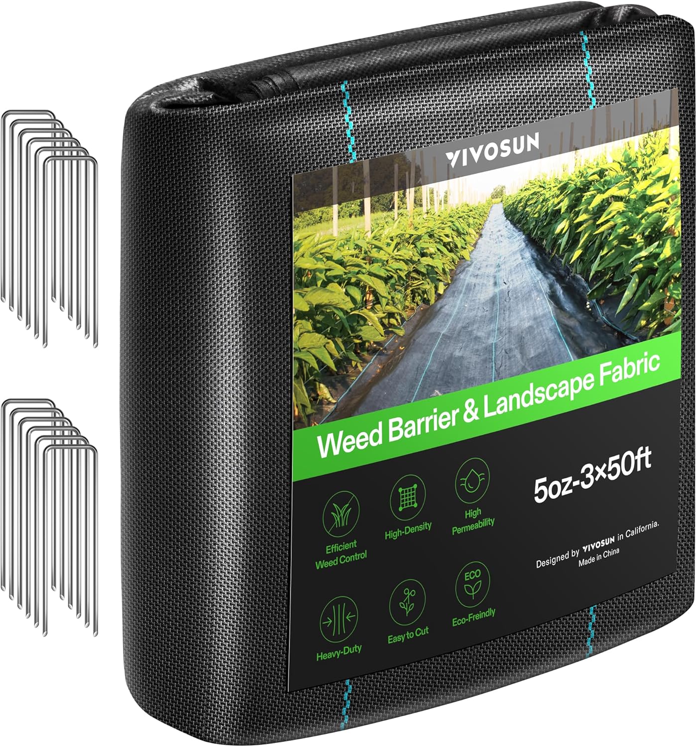 VIVOSUN Premium Weed Barrier Landscape Fabric Heavy Duty, 3ftx50ft 5oz Double-Layered Weed Control Mat with High Permeability with 12 Landscape Staples, Easy Set up & Superior Weed Control