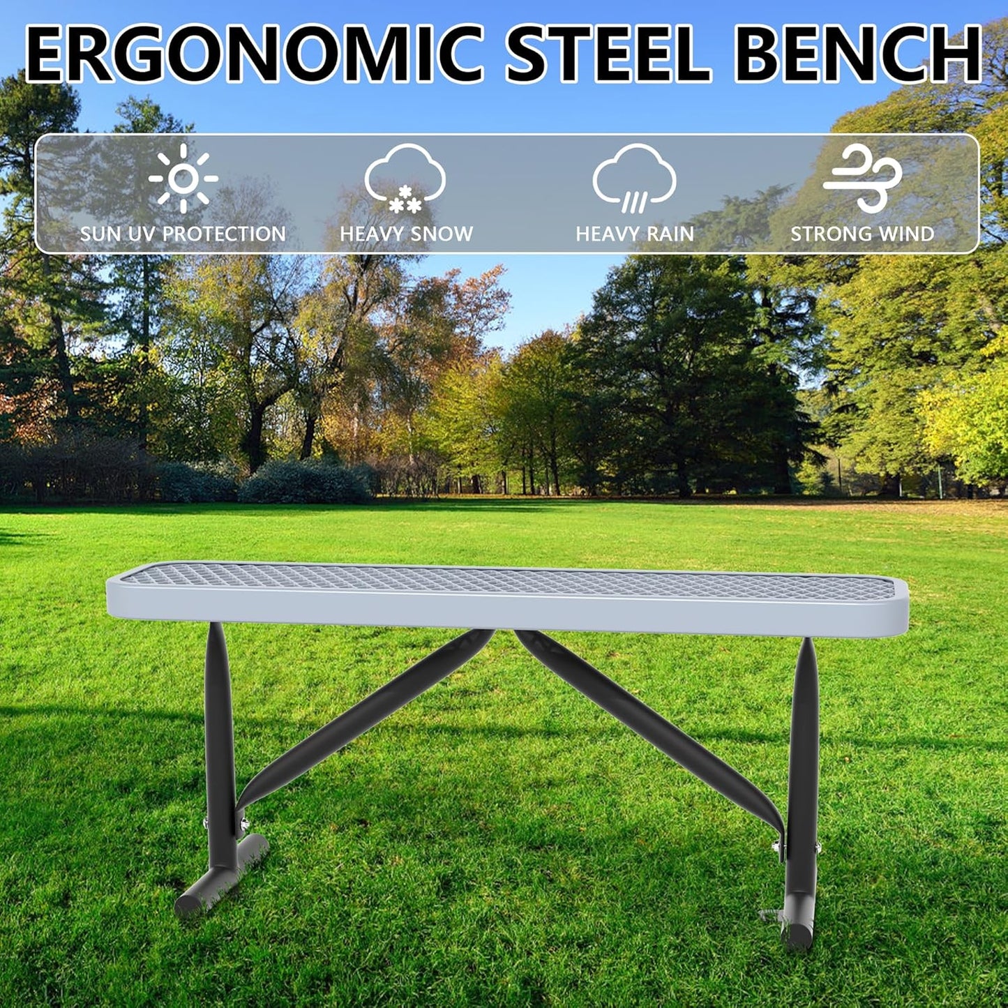 48" L Outdoor Steel Flat Bench, Heavy Duty Metal Park Bench for Outside, Expanded Metal, Commercial Benches Mesh Bench for Shopping Mall, Store, Lawn, Park, Patio, Deck, Garden (Grey, 4FT)