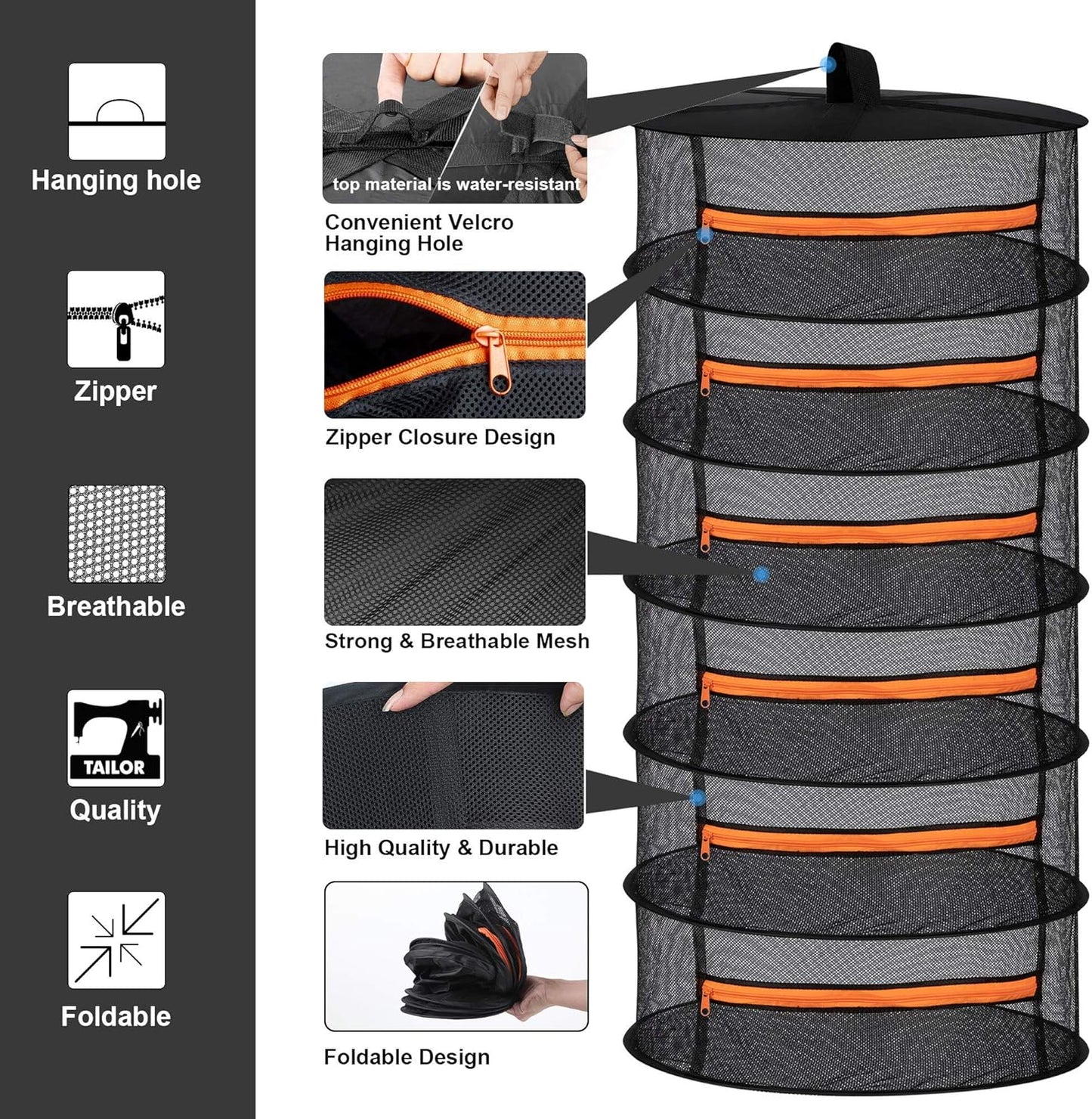 Desy & Feeci Herb Drying Rack-2ft Diameter 6 Layer Folding Mesh Hanging Basket Dryer Net with Zippers for Seeds Flowers Buds Plants Garden Outdoor Bumper Harvest(D24xH47 inch)