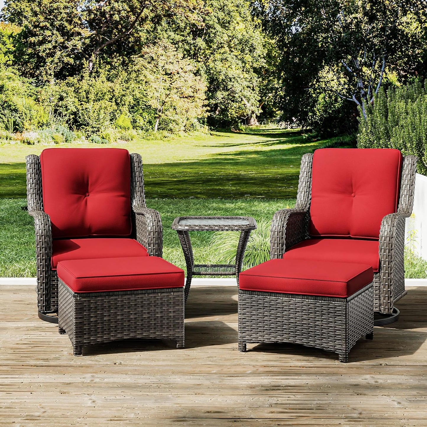 Joyside 5 Piece Outdoor Patio Furniture Set Wicker Conversation Bistro Set Swivel Rocking Chairs with Side Table and Ottomans for Backyard, Porch, Deck(Mixed Grey/Red)