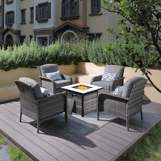 ovios 4 Pieces Patio Furniture Set with 30" Fire Pit Table, Outdoor Wicker Chairs of 4, All Weather High Back Rattan Chairs 4-Seater with Comfy Cushions, Dark Grey