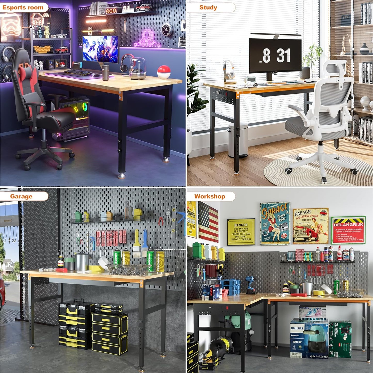 60" Adjustable Height Workbench, 2000 LBS Heavy Duty Work Table with Power Outlets & Pegboard, Rubber Wood Workstation for Garage, Workshop, Office, Home, Commercial