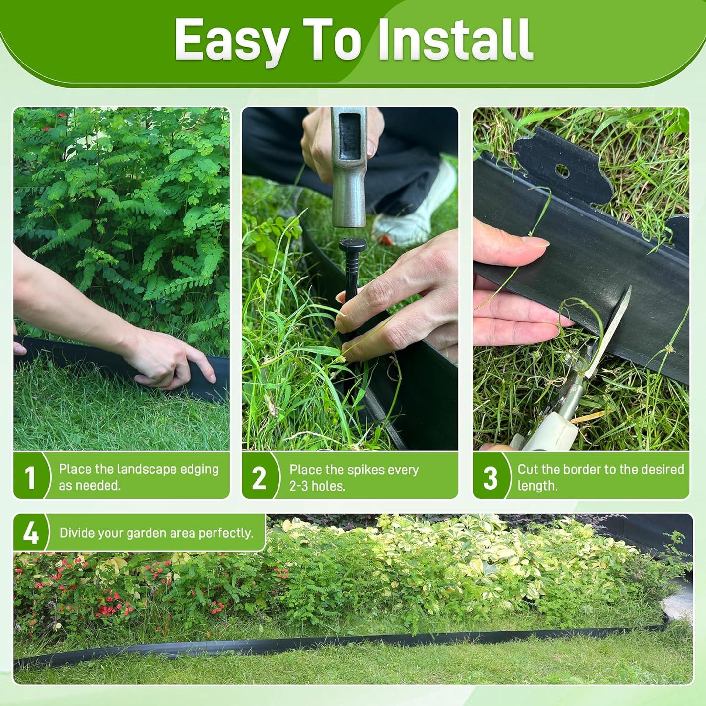 3.15" x 50' No Dig Landscape Edging, Plastic Garden Edging Borders with 45 Anchoring Spikes, Flexible Lawn Edging for Landscaping Garden Flower Beds Grass Yard Paver Pathway, Black