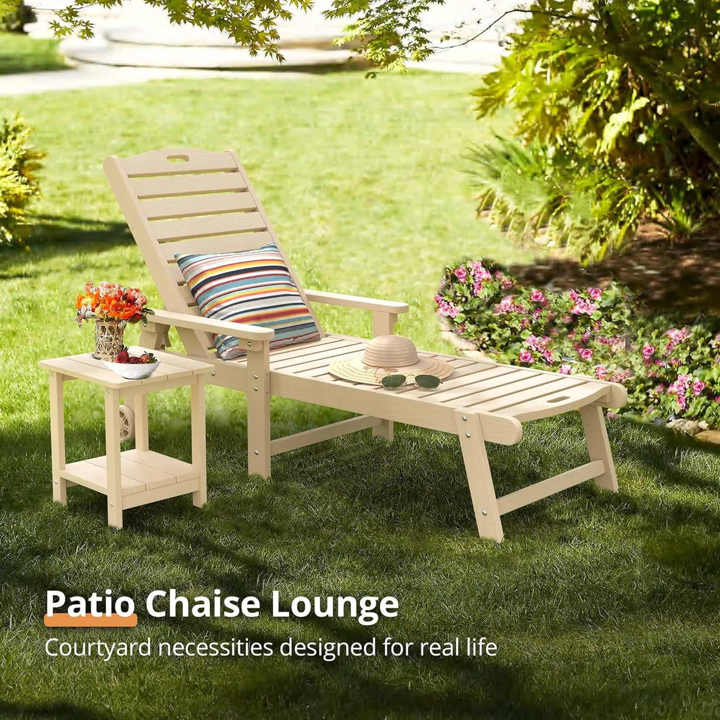 LUE BONA Chaise Lounge Chairs Set with Table, 3-Piece, 79'' Oversized HDPS Material, 5 Positions Adjustable Patio Lounge Chairs, Pool Lounge Chair with Wheels for Poolside, 3-Year Warranty, Sand