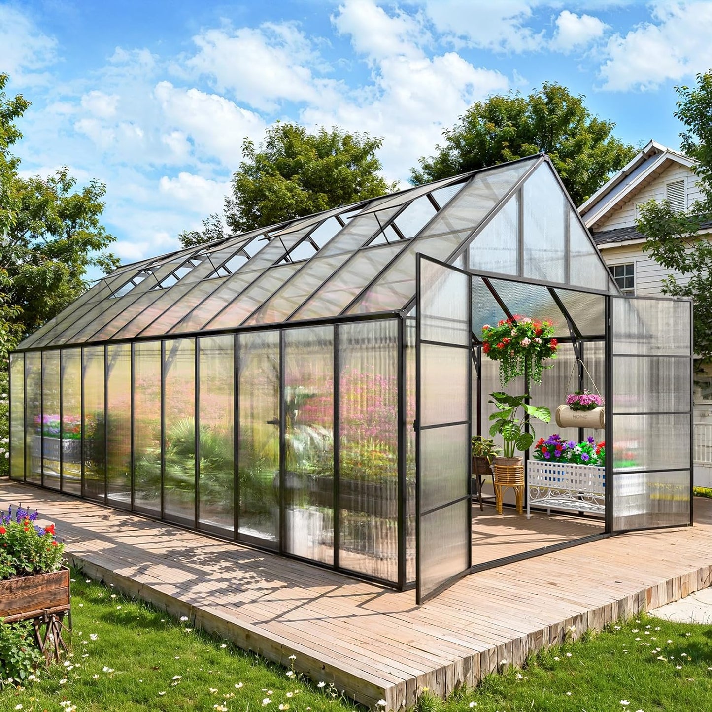 CDCASA 10x24 FT Greenhouse for Outdoors,Large Easy Assembly Thicker Aluminum Polycarbonate Greenhouses w/5 Windows, Double Door, Walk-in Green House for Outside,Patio,Backyard,Garden