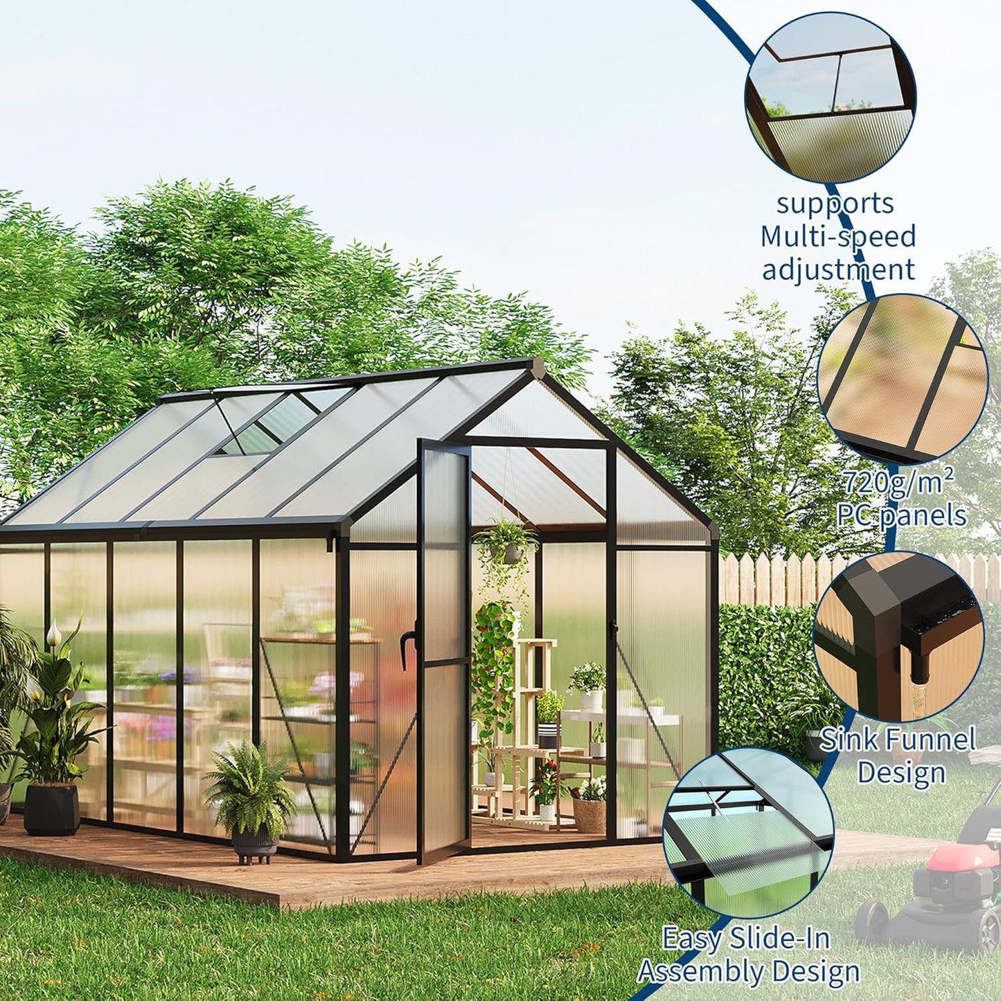 6 x 10 FT Greenhouse, Greenhouses for Outside, Polycarbonate Greenhouse with Aluminum Frame, Lockable Door and Ajustable Roof Vent for Backyard, Green Houses for Outside Garden Backyard, Patio