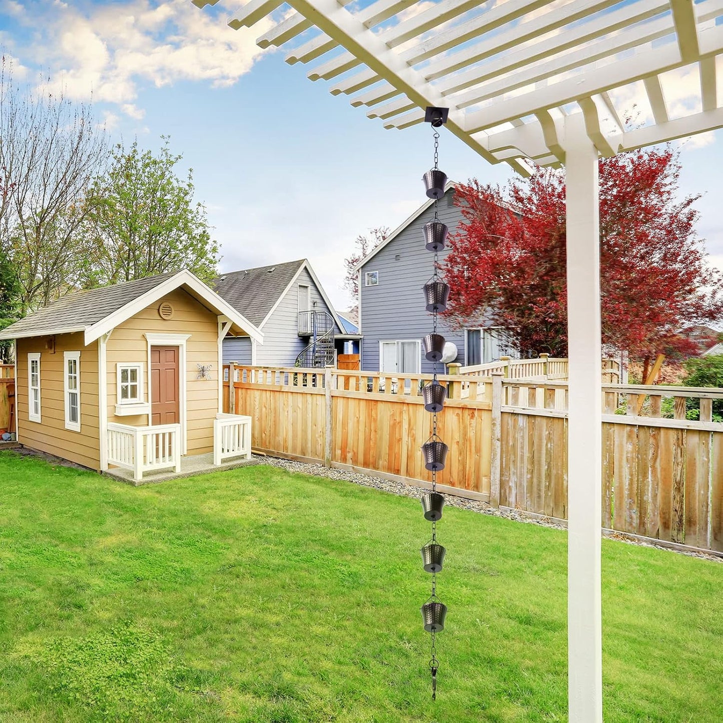 Rain Chains for Gutters with Adapter,Wrought Iron Rain Chain Set 8.5 Ft Not Rust, Gotta Drain with Sturdy Anchoring Stake, 14 Cups, 1 Hook, Adjustable Gutter Downspout for Outdoor Decorative