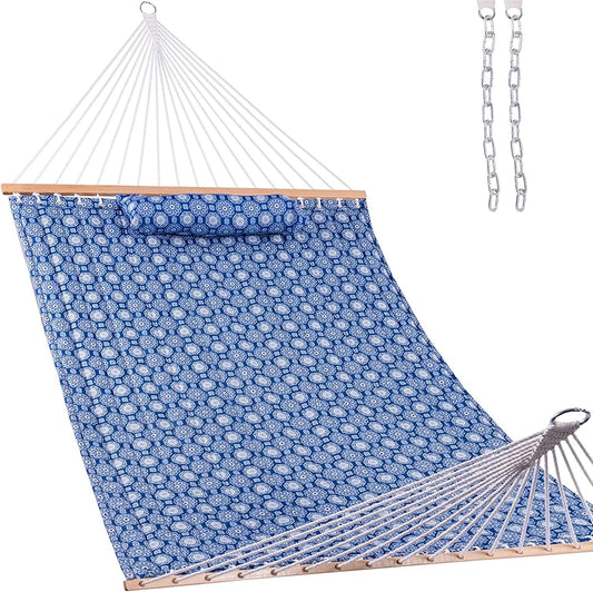 Lazy Daze Hammocks 12 FT Double Quilted Fabric Hammock with Spreader Bars and Detachable Pillow, 2 Person Hammock for Outdoor Patio Backyard Poolside, 450 LBS Weight Capacity, Blue Floral,HM003648