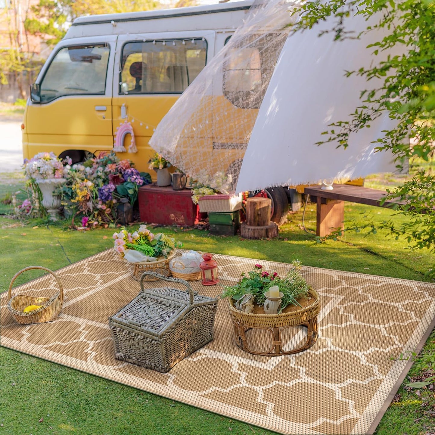 GENIMO 5' x 8' Outdoor Rug Waterproof for Patio Decor, Foldable Reversible Plastic Straw Area Rugs Mat for Camper, Outside Carpet for Rv, Deck, Porch, Picnic, Beach, Balcony, Brown & Beige