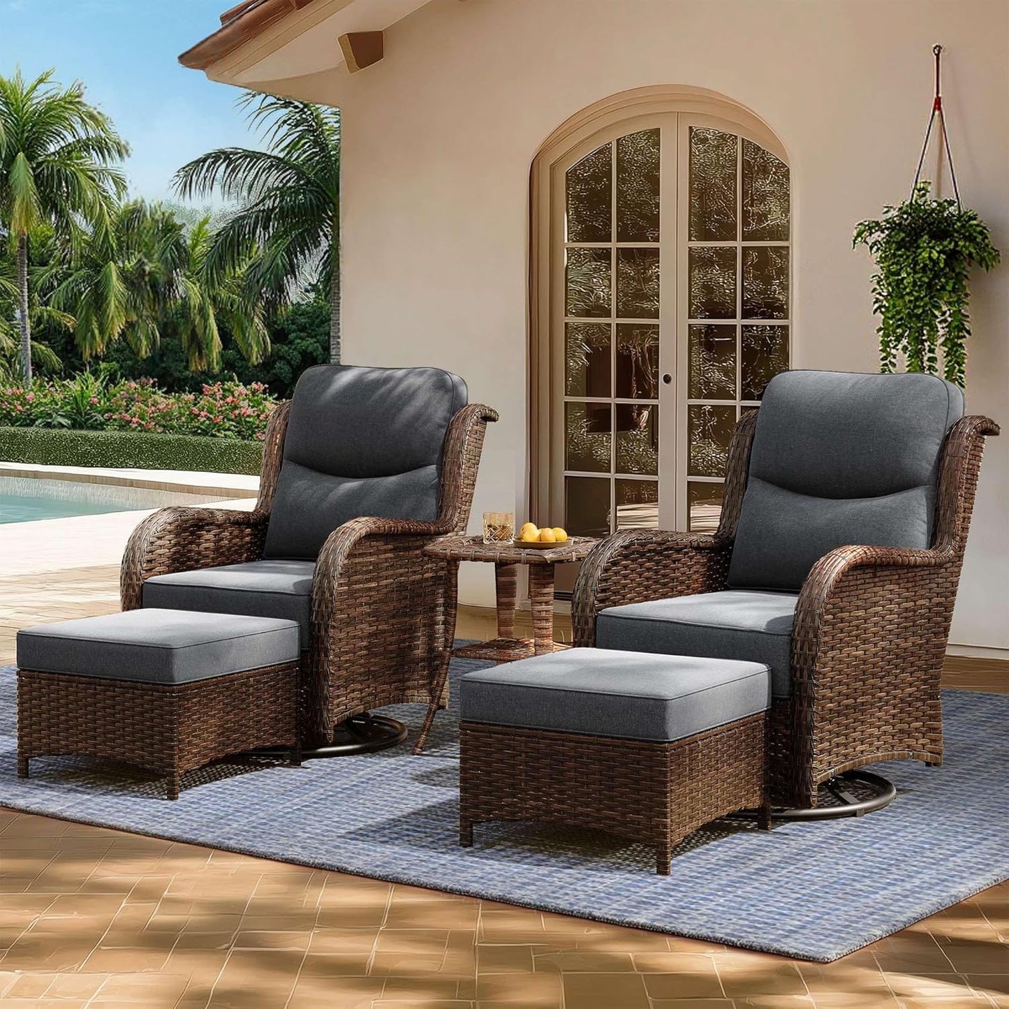 HILLGA Luxury Patio Furniture Set with 6-Inch Thick Cushions, High Back Outdoor Swivel Rocker Chairs and Ottoman, 5-Piece All Weather Conversation Set for Porch Deck Balcony Yard, Dark Grey (V3)