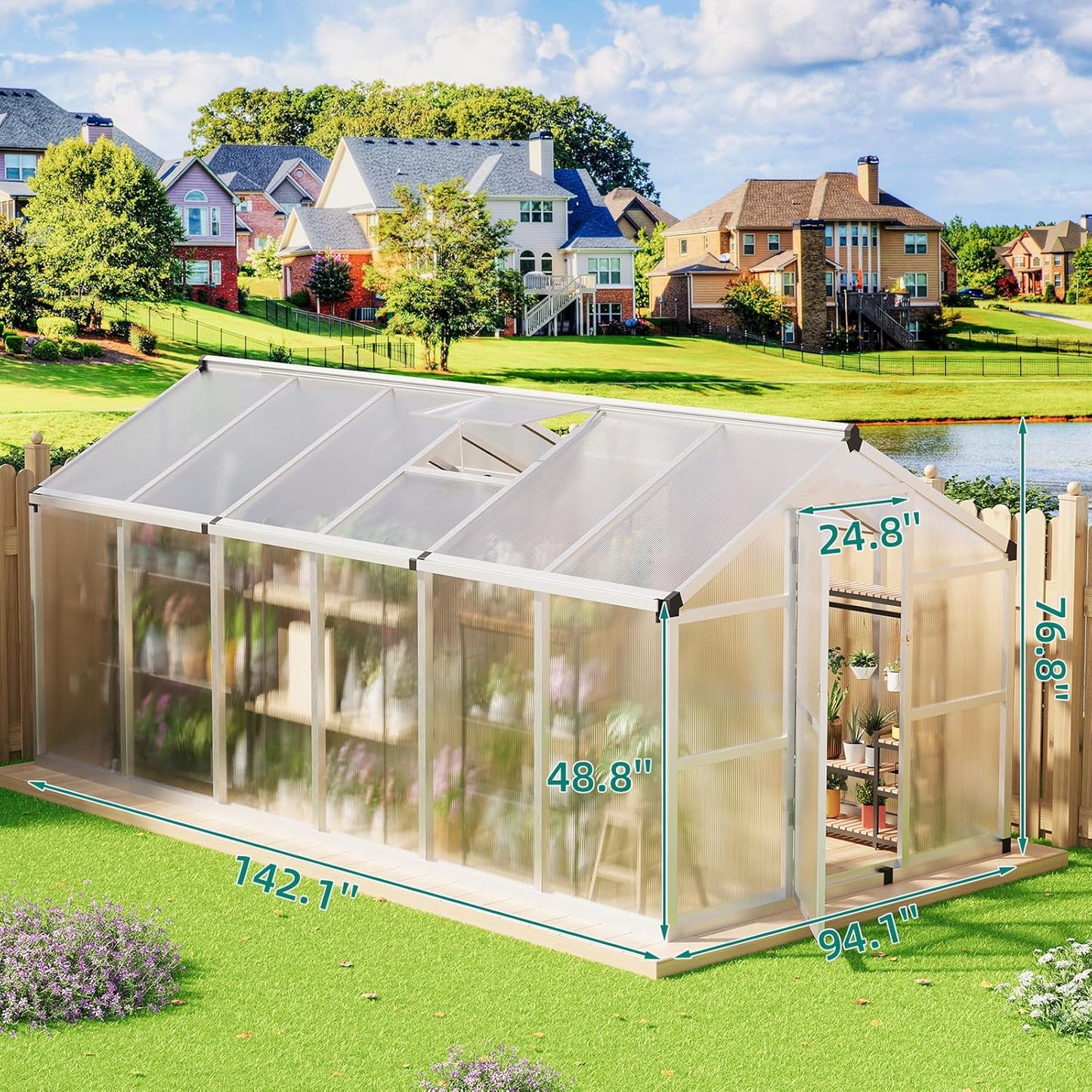 8x12 FT Greenhouse, Large Aluminum Greenhouses for Outdoors, Heavy Duty Polycarbonate Greenhouse with Roof Vent, Walk-in Green Houses for Winter Garden, Backyard, Patio, Lawn, Easy Assembly