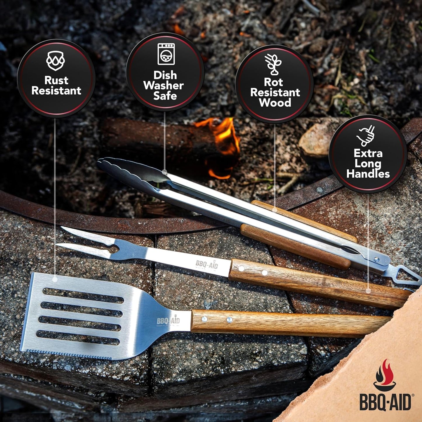 3 Piece BBQ Grilling Accessories Set - BBQ Tongs Spatula Fork Set - Heavy Duty Stainless Steel Barbecue Grill Tools with Solid Hard Wood Handles Great Gift Set