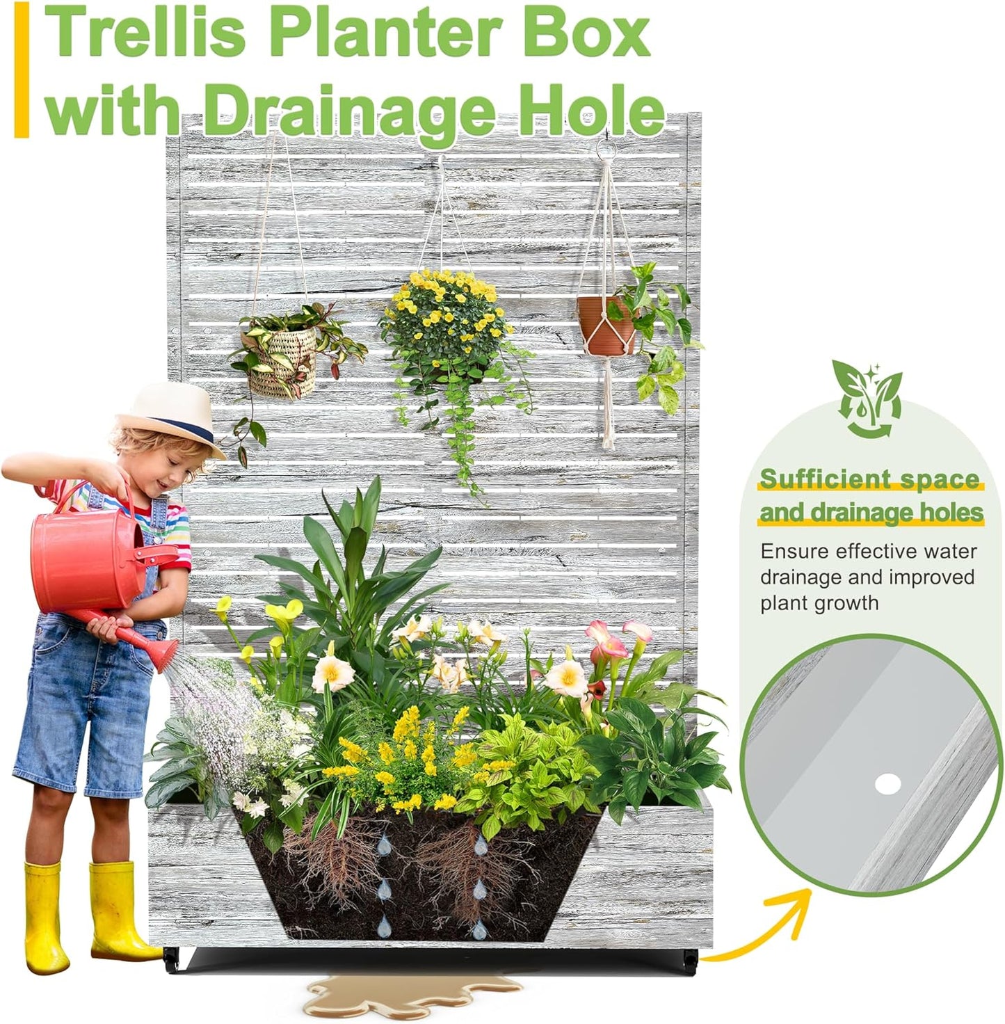 FENCY Metal Raised Garden Bed with Wheels and Trellis,73"x47"x16" Planter Box for Climbing Plants, Vegetables & Vines, Features Privacy Screen and Drainage Holes (White Wood Color)