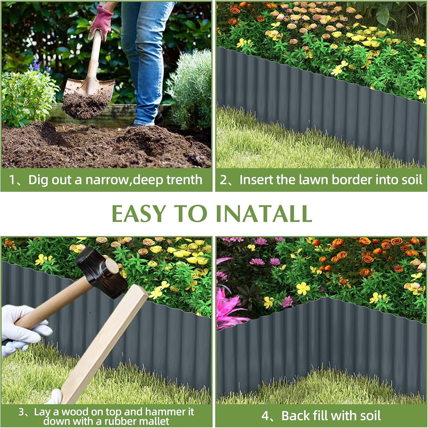 Metal Garden Edging Border, Corrugated Steel Landscaping, DIY for Lawn (Black, 10 Inch x 20FT)