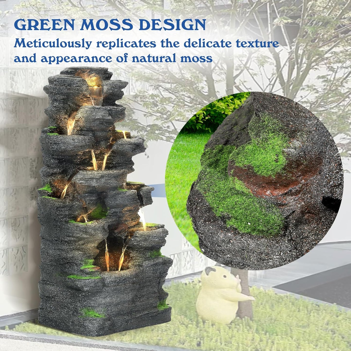 TITIMO 10-Tier Cascading Rock Water Fountain Outdoor Garden Waterfall with Lights,Fountain Indoor Decor for Garden, Patio, Backyard, Deck, Porch and Home Art Decor