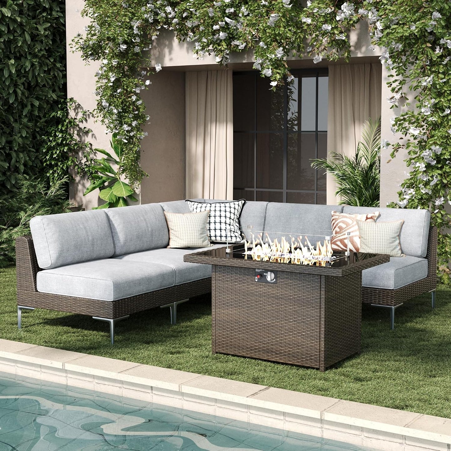 LayinSun 6-Piece Outdoor Modular Wicker Sectional Sofa with Fire Pit Table, Patio Furniture Conversation Set with Deep Seating and Thick Cushions