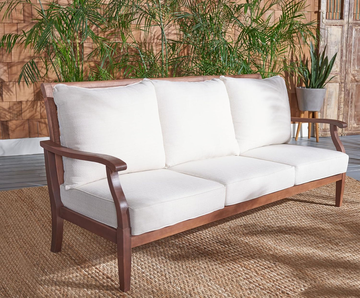 SAFAVIEH Couture Home Collection Payden Natural Wood/Beige Cushion 3-Seat Outdoor Patio Sunroom Porch Backyard Veranda Sofa