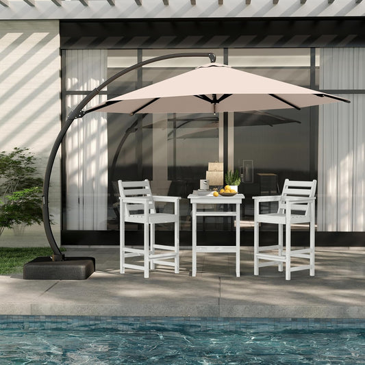3-Piece Outdoor Bar Set with Beige 11FT Cantilever Umbrella, HDPE Tall Balcony Adirondack Chairs and Table, Outdoor Bar Stools for Patio (White)