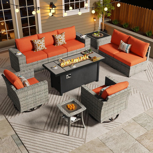 ovios 10 Pieces Patio Furniture Set, Outdoor Wicker Sectional Sofa with 54" Fire Pit Table Swivel Chairs, Modern Modular Deep Seat Rattan Couch Conversation Sets, Orange Red