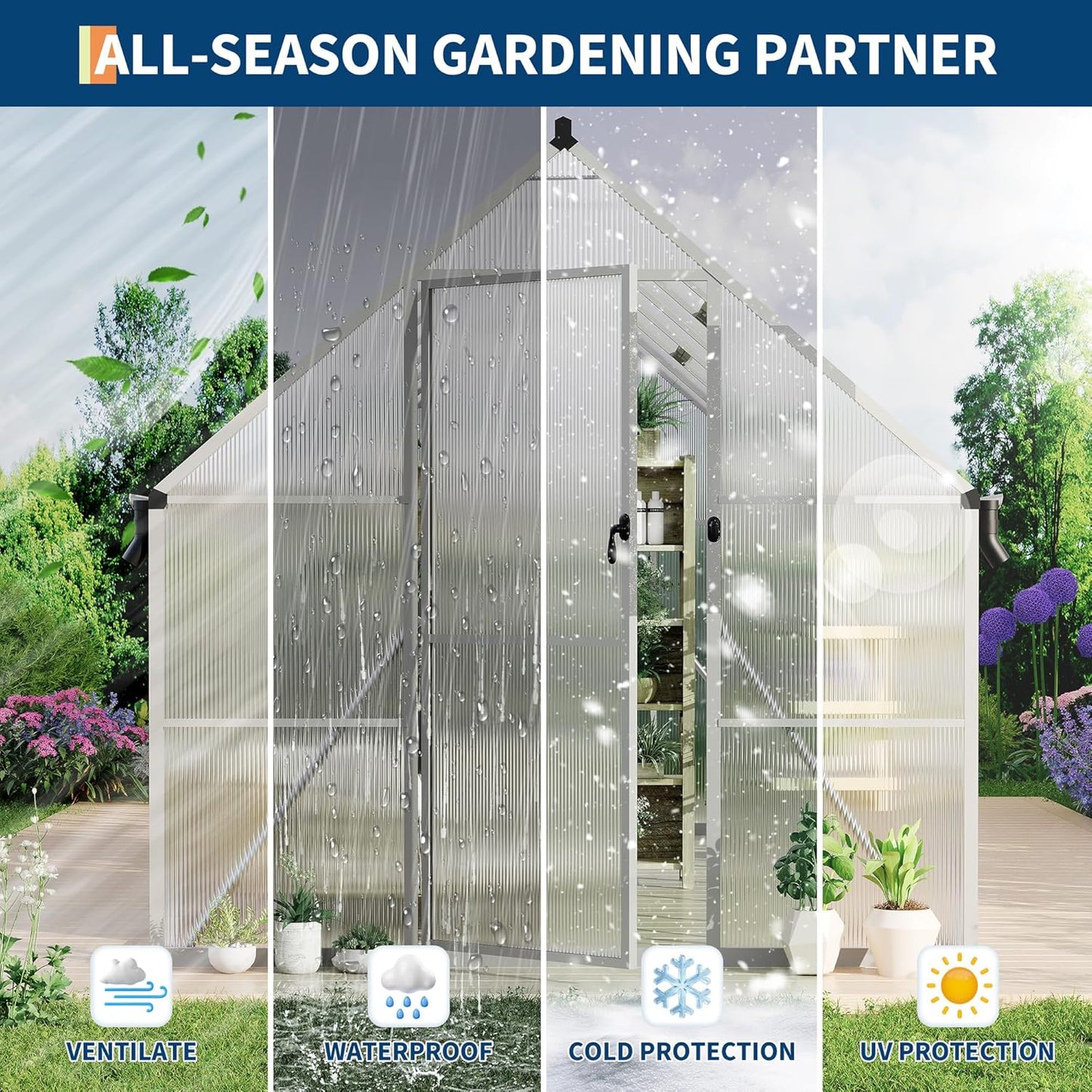 8'X14' Aluminum-Framed Polycarbonate Greenhouse, Heavy Duty Polycarbonate Greenhouse with Quick Setup Structure and Roof Vent, Large Enhanced Aluminum Greenhouses Kit for Outdoors