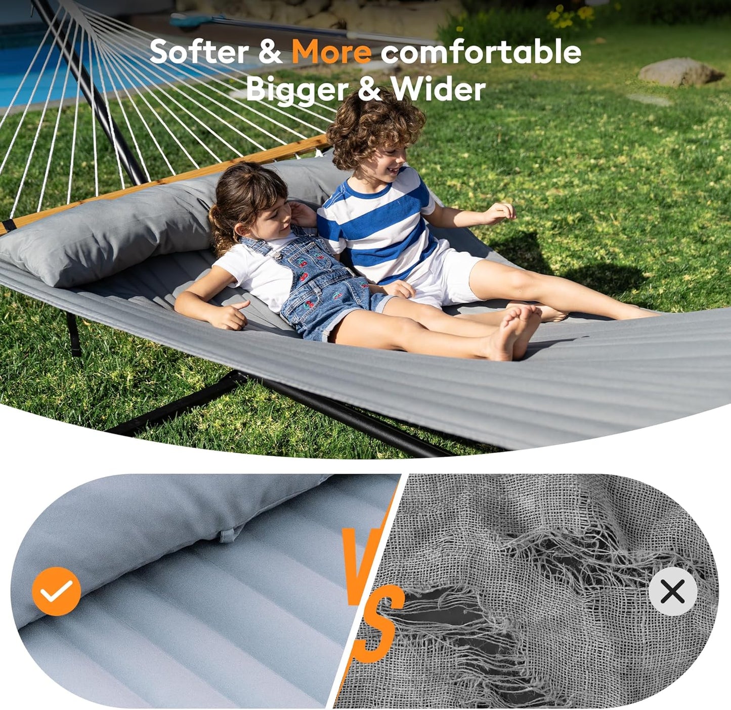 Double Hammock with Spreader Bar,Soft Pillow,Max Load 500lbs,Portable Hammock for Outdoor,Camping,and Backyard,Dark Gray