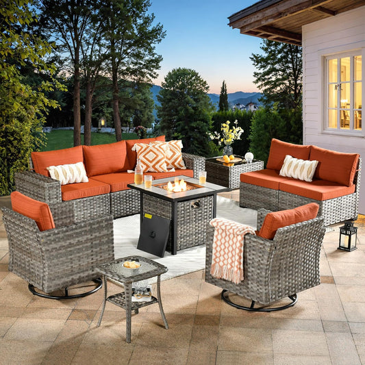 ovios 10 Pieces Patio Furniture Set, Outdoor Wicker Sectional Sofa with 30" Fire Pit Table Swivel Chairs, Modern Modular Deep Seat Rattan Couch Conversation Sets, Orange Red