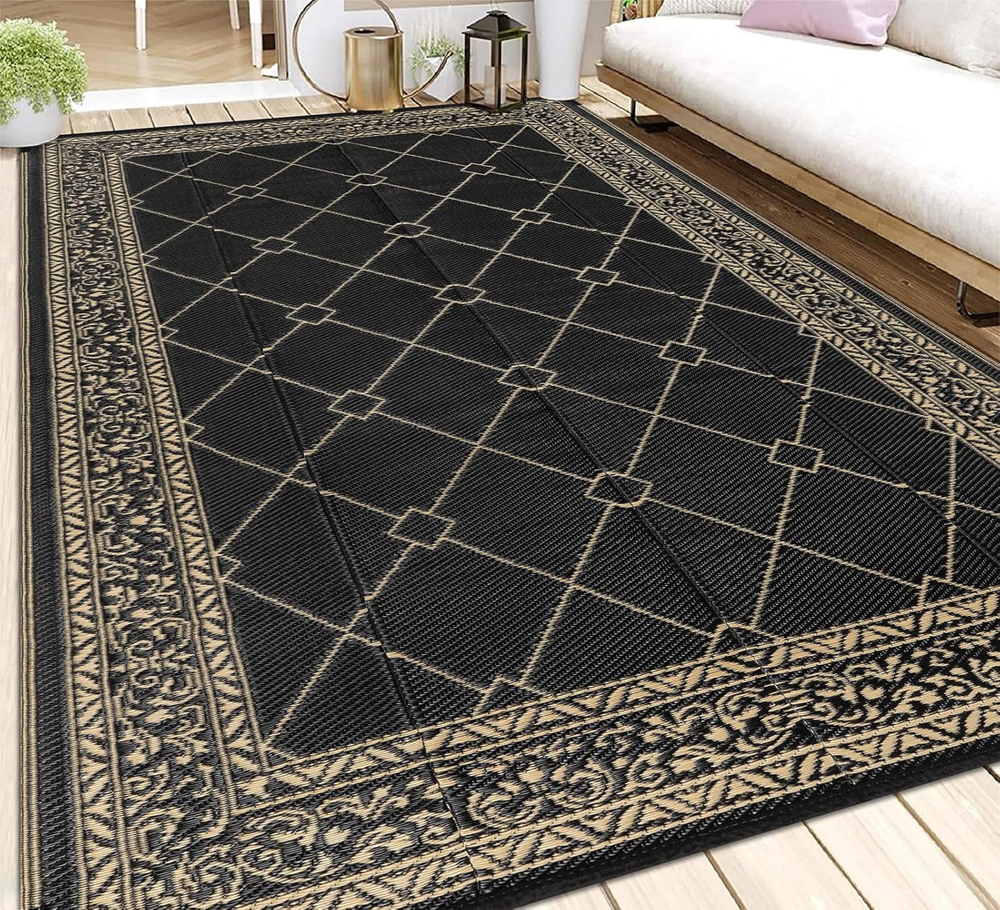 HEBE Outdoor Rug Waterproof 6x9, Reversible Plastic Straw Rug RV Camping Rug, Indoor Outdoor Patio Mat Clearance, Outside Carpet for Porch,Deck,Camper,Balcony,Backyard,Picnic