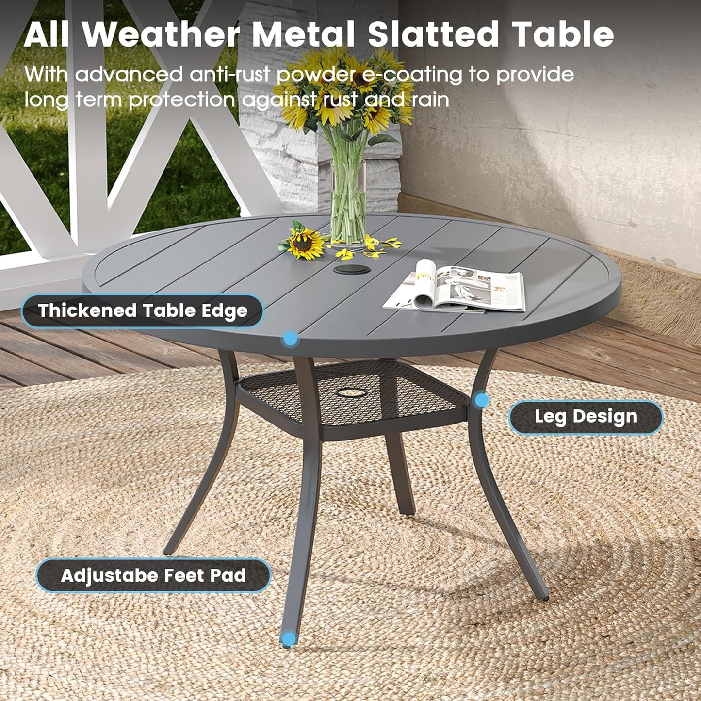 DIFY Outdoor Dining Table for 4, Round Patio Table with Umbrella Hole for Garden, Backyard and Porch (Dark Grey)