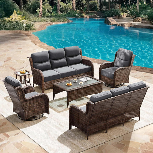 HILLGA Luxury Patio Furniture Set with 6-Inch Thick Cushions, High Back Outdoor Swivel Rocker Chairs and Patio Couch, 6-Piece All Weather Conversation Set for Porch Deck Pool Yard, Dark Grey (V3)