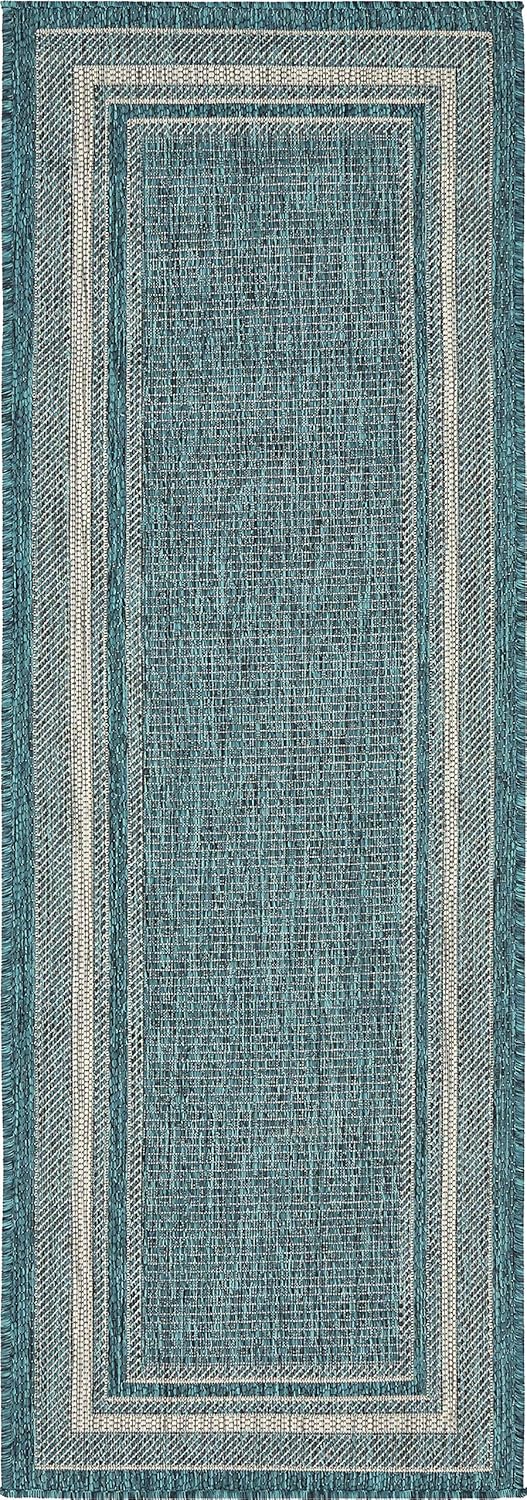 Unique Loom Outdoor Border Collection Area Rug - Soft Border (2'x 6' 1" Runner, Teal/ Ivory)
