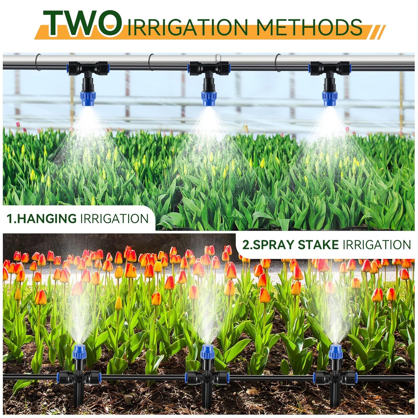 Meonum 65FT Garden Watering System, Quick Connector Drip Irrigation Kit, Hanging Plant Misting System Kit for Greenhouse, Yard, Lawn, Raised Bed with 1/4 inch Blank Tubing and Accessories(1 Pack)