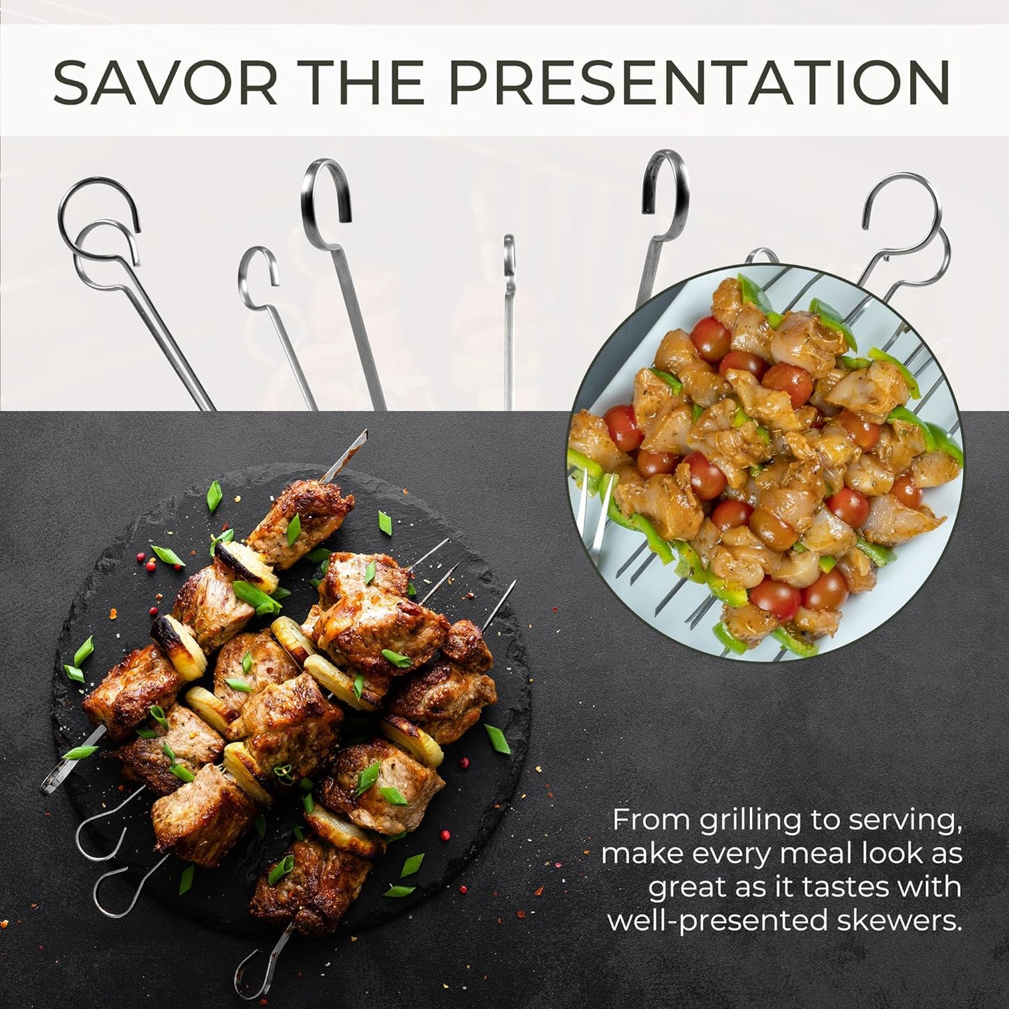 O-Yaki Flat Metal Kabob Skewer for Grilling – Set of 8 BBQ Skewers Stainless Steel with Storage Bag, Dishwasher Safe Skewers with Hook Handle & Sharp Tip for BBQ, Cookouts & Oven Use – 12 Inch