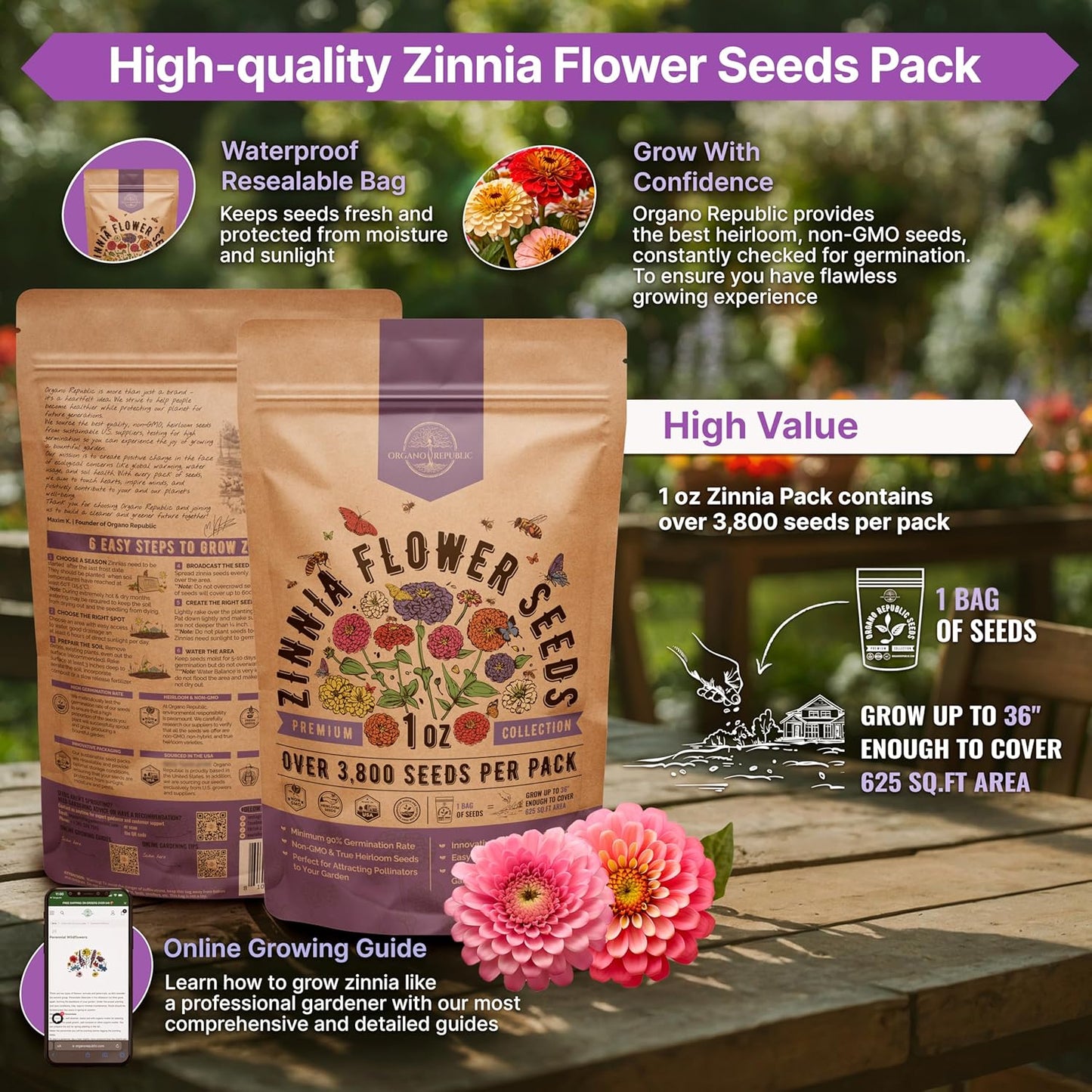 Zinnia Seeds Pack 1 oz - Over 3,800 Non-GMO Heirloom Zinnia Seeds for Planting, Annual Flowers in Individual Seed Packet, Flower Seed for Planting Home Garden Indoor & Outdoor Gardening